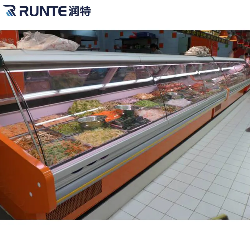 Supermarket Butchery Chiller Horizontal Commercial Salad Fresh Deli Meat Fish Sushi Food Chicken Counter Display Freezers & Fridges for Sale