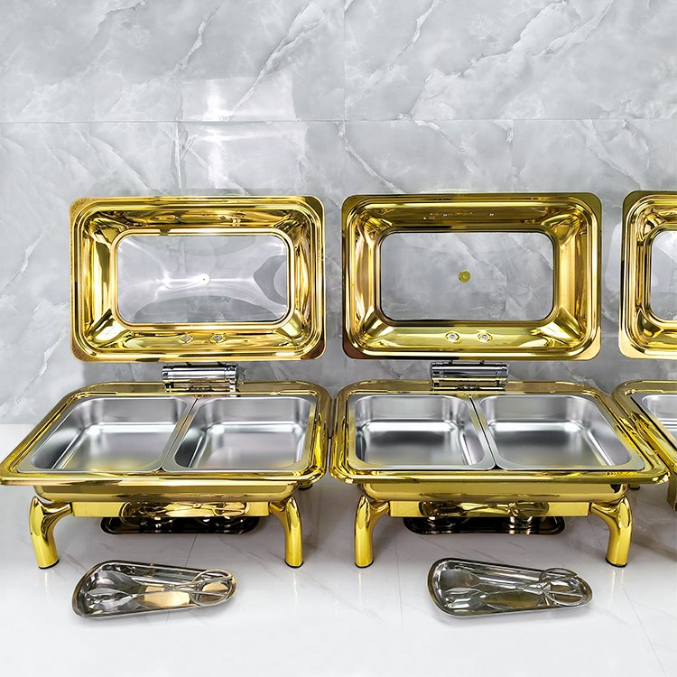 Arabic Hotel 9L Retangular Gold Buffet Stove Buffet Luxury Food Warmer Stainless Steel Chafing Dish for Catering