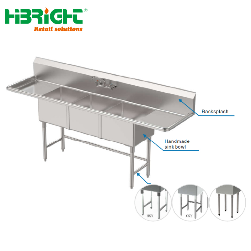 HIGHBRIGHT Durable American Style Commercial Hotel Restaurant Supplies Stainless Steel 1/2/3 Compartment Kitchen Sink Table