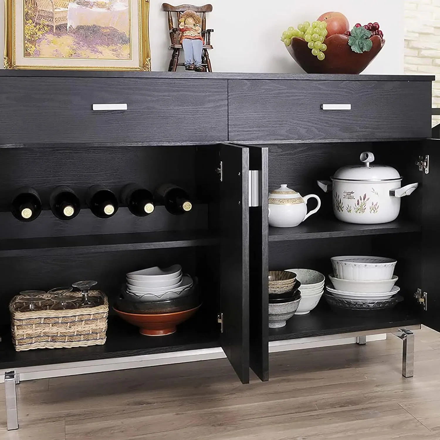 Stylish 47.3-Inch Black Dining Cabinet with Wine Rack