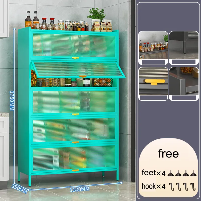 5-Tier Kitchen Storage Cabinet Mobile Microwave Stand with Flip-up PC Doors Freestanding Kitchen Bakers Rack with 4 Roll Caster