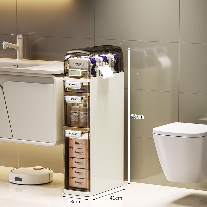 Narrow Bathroom Floor Plastic Drawers Organizer with Tissue Box Storage Cabinet