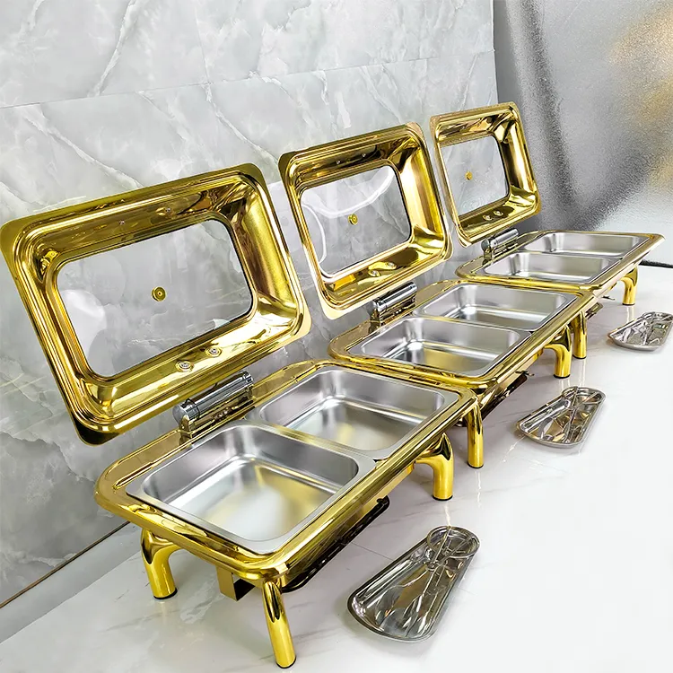 Arabic Hotel 9L Retangular Gold Buffet Stove Buffet Luxury Food Warmer Stainless Steel Chafing Dish for Catering