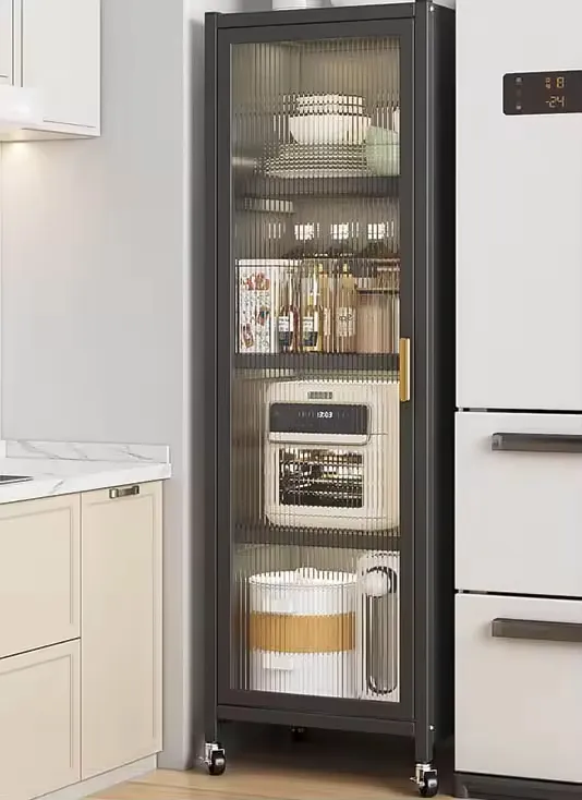 Freestanding Cabinet with 4 Shelves and Wheels Carbon Steel Bathroom Pantry Cabinet