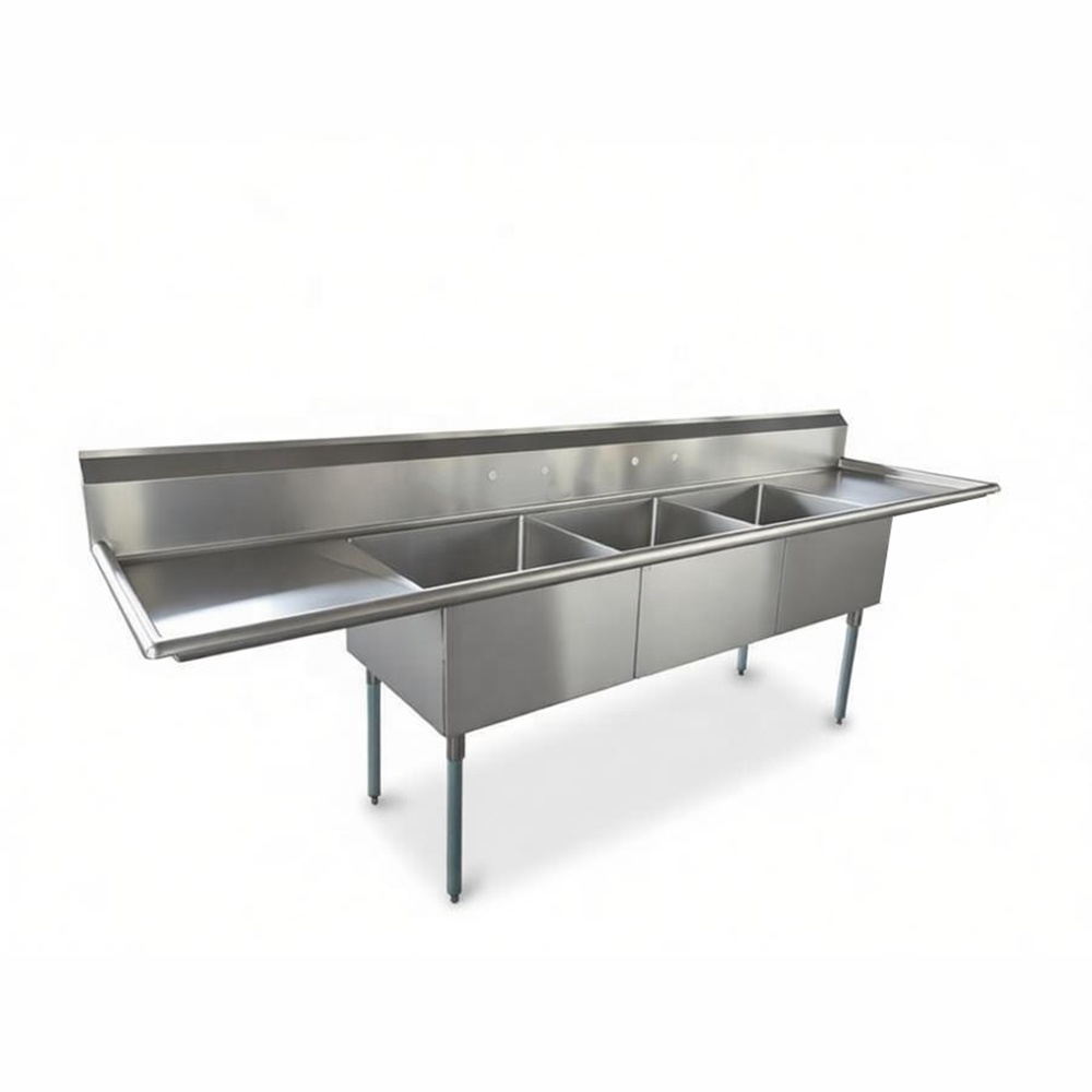 Heavy Duty XIANGYING Industrial Kitchen Three-Compartment Brushed Stainless Steel Utility Sink with Double Drain Boards