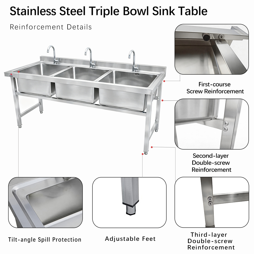 Free Standing Triple Basin Stainless Steel Sink Commercial Kitchen Wash Prep Station Triple Compartment Catering Sink