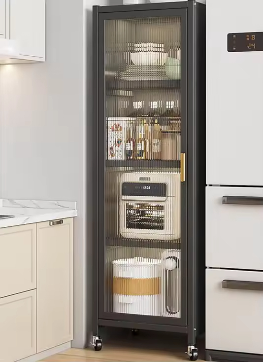 Freestanding Cabinet with 4 Shelves and Wheels Carbon Steel Bathroom Pantry Cabinet