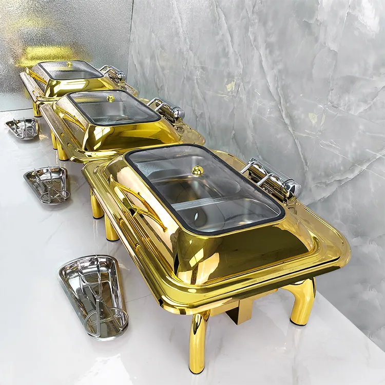 Arabic Hotel 9L Retangular Gold Buffet Stove Buffet Luxury Food Warmer Stainless Steel Chafing Dish for Catering