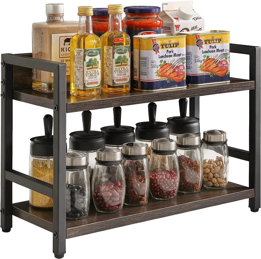 Kitchen Space Saving Desktop Spice Cabinet Wood Storage 2-Tier Spice Rack