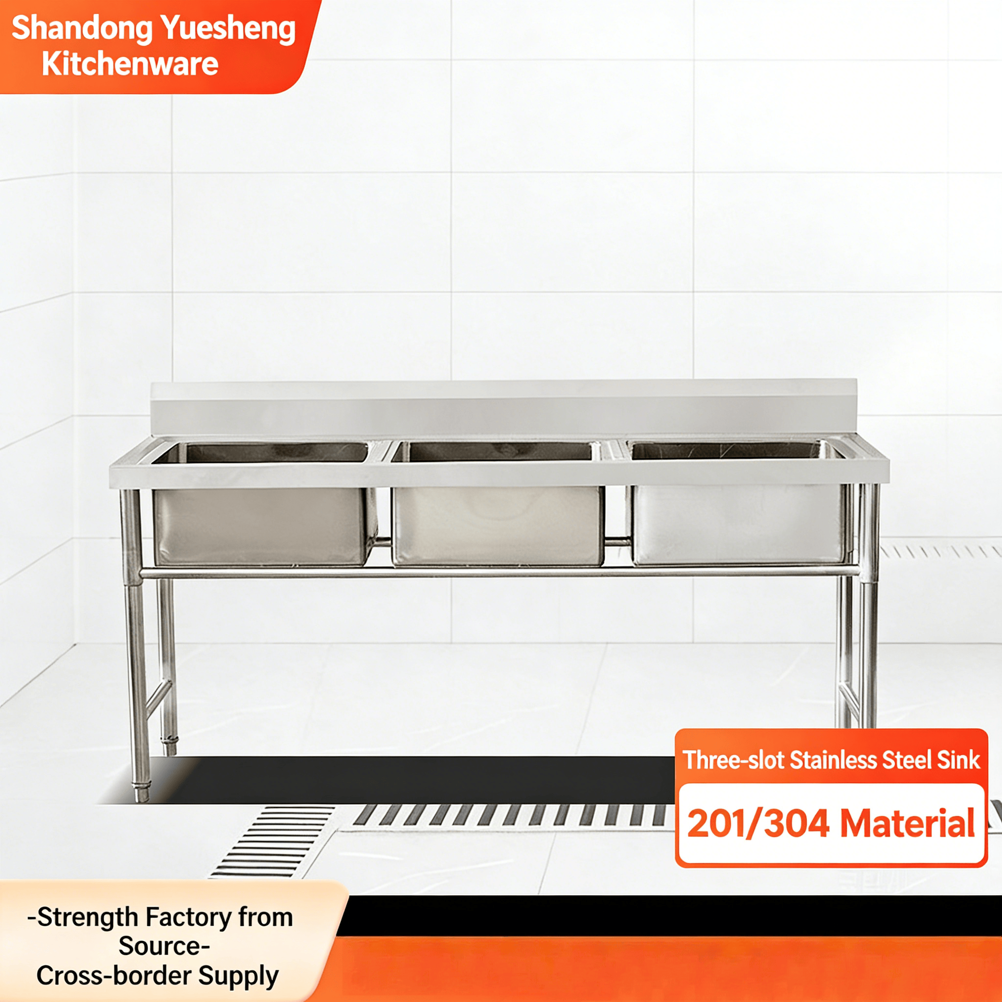 Three Compartment Thickened 304 Commercial Stainless Steel Sink For Vegetable Washing Hand Washing And Dishwashing