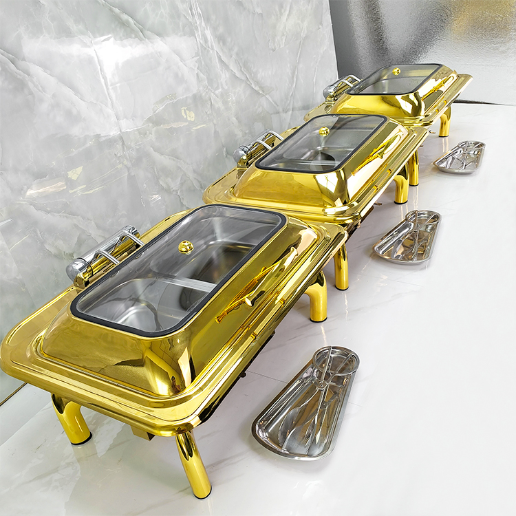 Arabic Hotel 9L Retangular Gold Buffet Stove Buffet Luxury Food Warmer Stainless Steel Chafing Dish for Catering