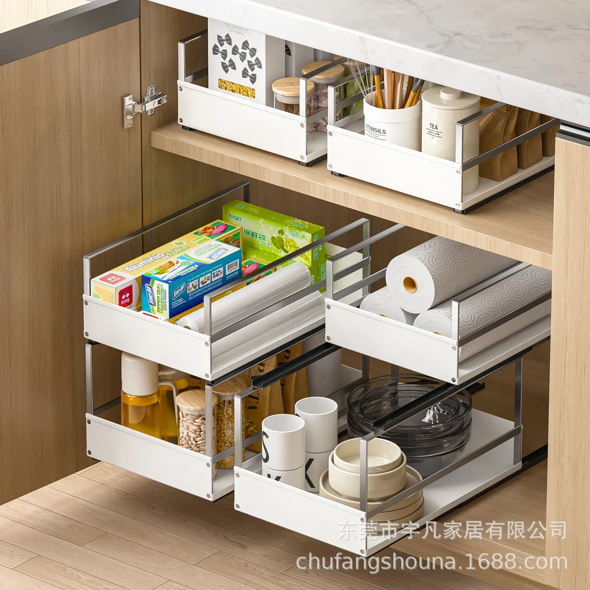 Multi-Tier Pull-out Condiment Storage Basket for Kitchen Cabinet Use