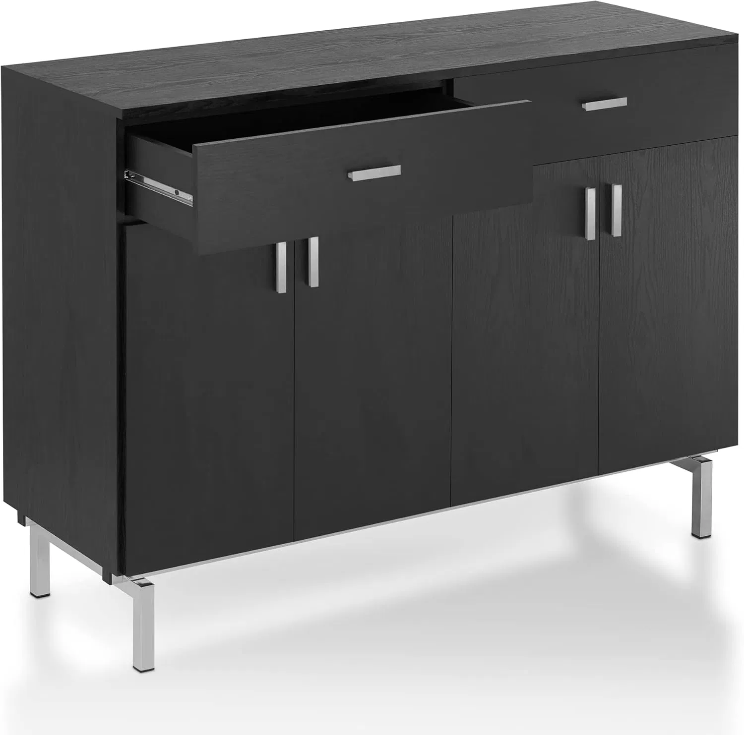 Black Dining Room Storage Cabinet with 2 Drawers, 5-Bottle Wine Rack and Metal Base