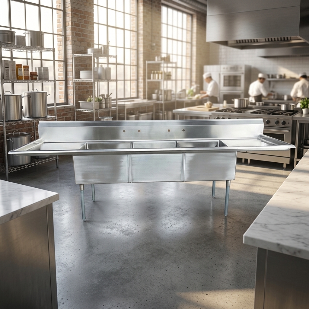 Heavy Duty XIANGYING Industrial Kitchen Three-Compartment Brushed Stainless Steel Utility Sink with Double Drain Boards