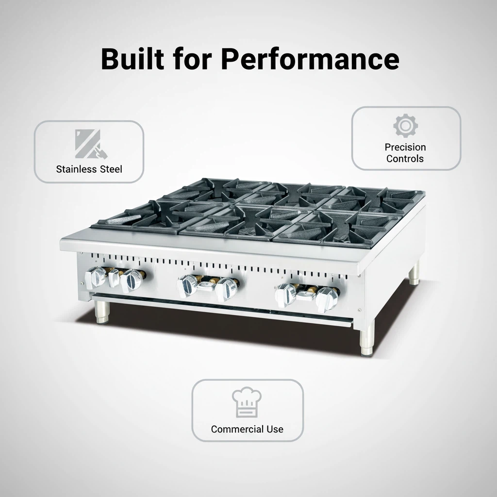 OUTE 36 Inch Heavy Duty 6 Burner Commercial Gas Cooking Range Stainless Steel Noise Reduction Energy Saving Mode for Restaurant