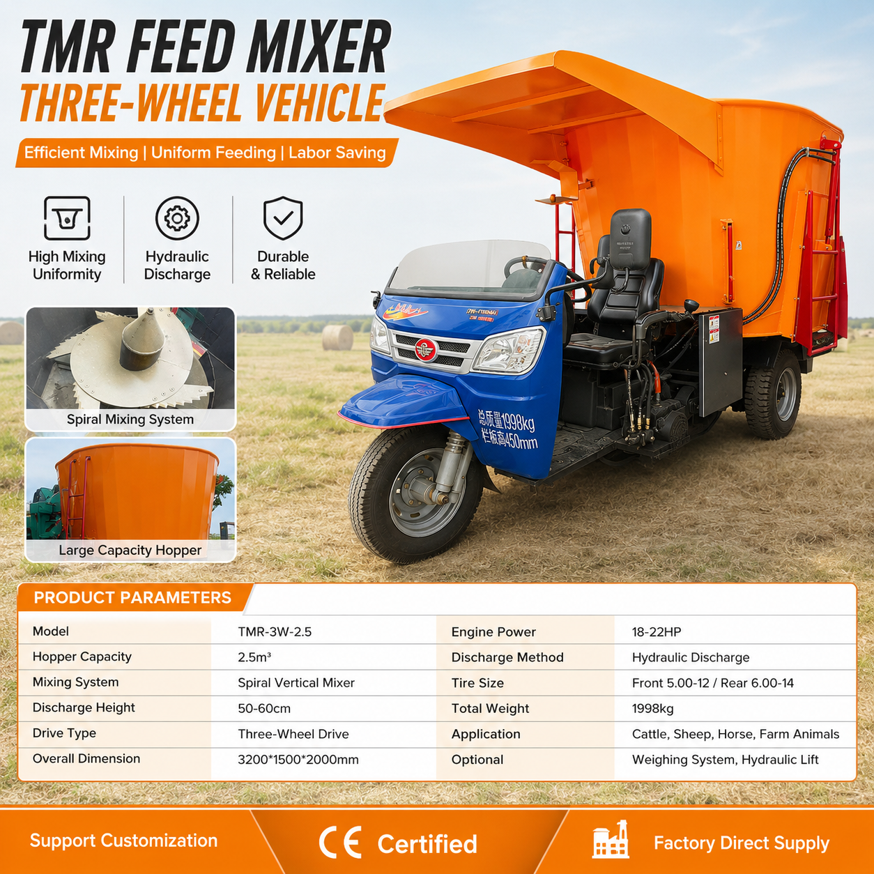 HUIFU TMR Feed Mixer Wagon Self-Propelled Three-Wheel Feed Mixing Machine for Dairy Farm Cattle Feeding