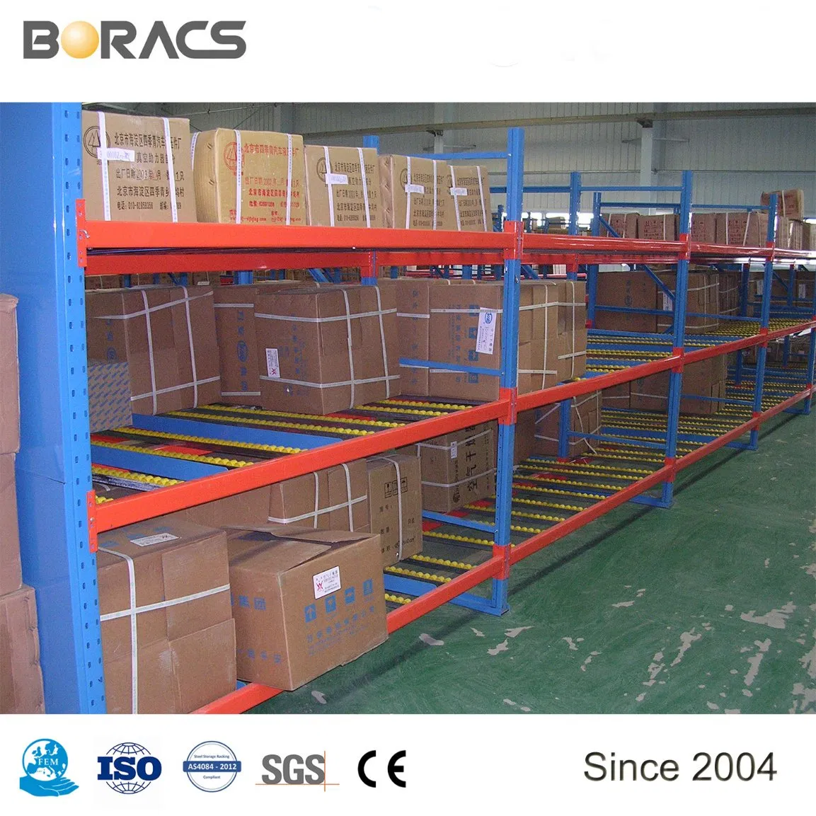 Metal Steel Gravity Carton Flow Racking with Wheels, Selective Warehouse Roller Racking System