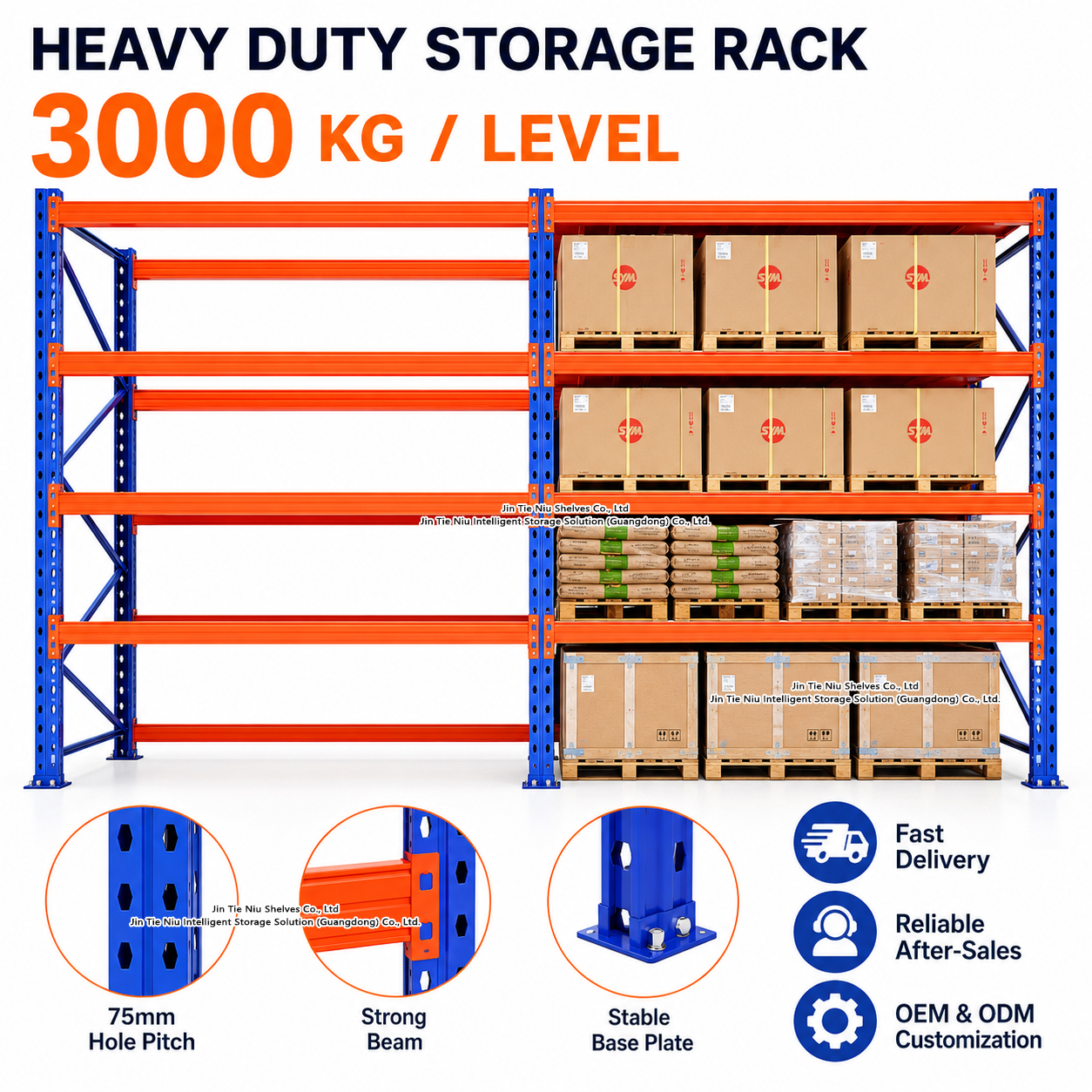 3 Pallet Levels Heavy Duty Steel Warehouse Rack Selective Pallet Racking System 3000KG