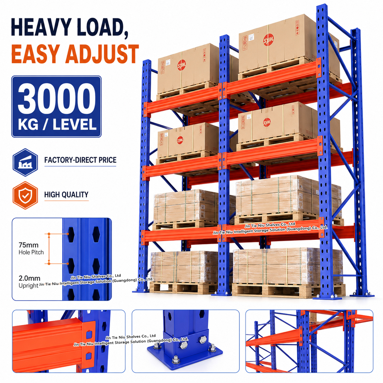 3 Pallet Levels Heavy Duty Steel Warehouse Rack Selective Pallet Racking System 3000KG