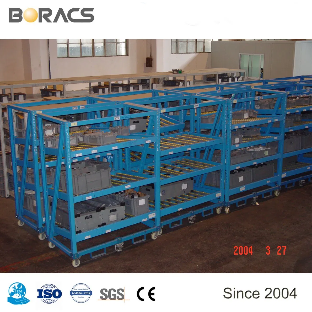 Metal Steel Gravity Carton Flow Racking with Wheels, Selective Warehouse Roller Racking System