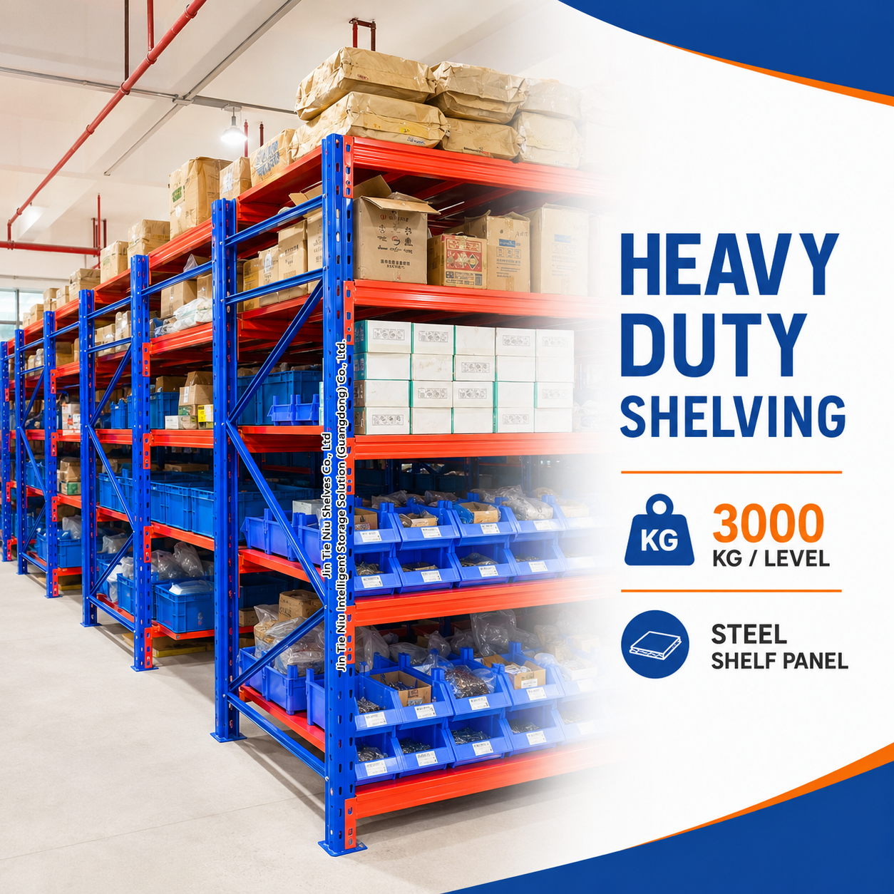 2000KG Adjustable 5 Storage Levels Heavy Duty Shelving System For Bins Spare Parts And Cartons Steel Decks Panel Racking