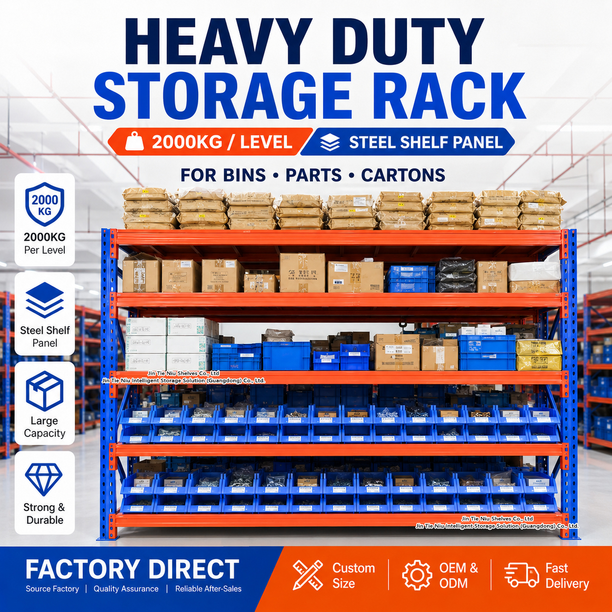 2000KG Adjustable 5 Storage Levels Heavy Duty Shelving System For Bins Spare Parts And Cartons Steel Decks Panel Racking