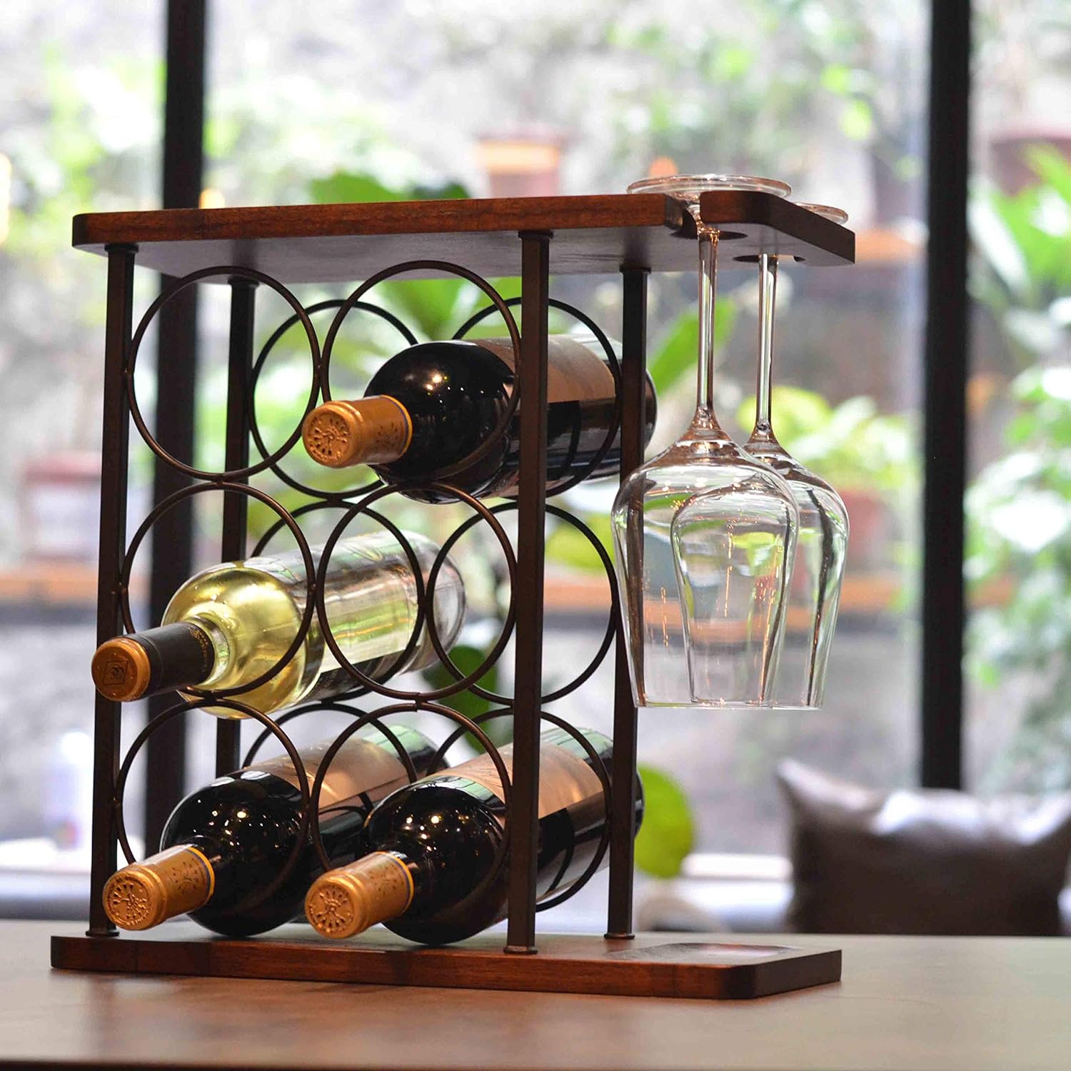 Solid Wood Wine Rack with Glass Holder Countertop Wine Rack Wooden Wine Holder with Tray Home Decor &amp; Kitchen Storage Rack