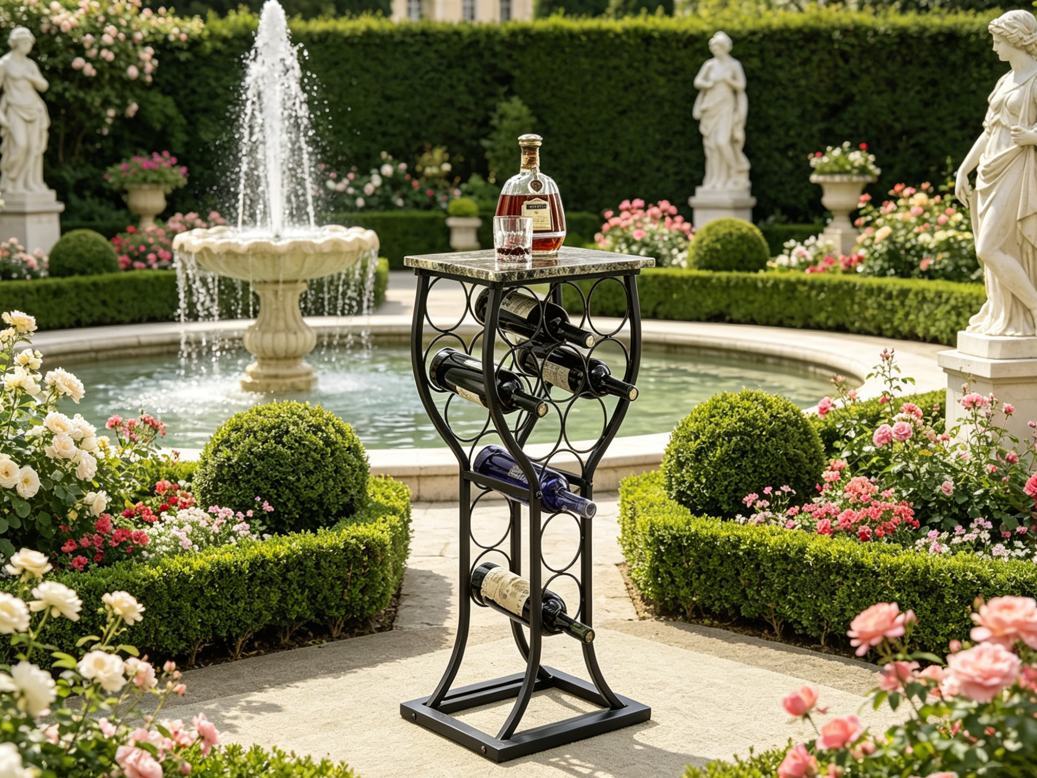 European Style 5-Layer Heavy Duty Metal Iron Wine Rack with 11-Bottle Stand and Marble Table Top for Home Living Room
