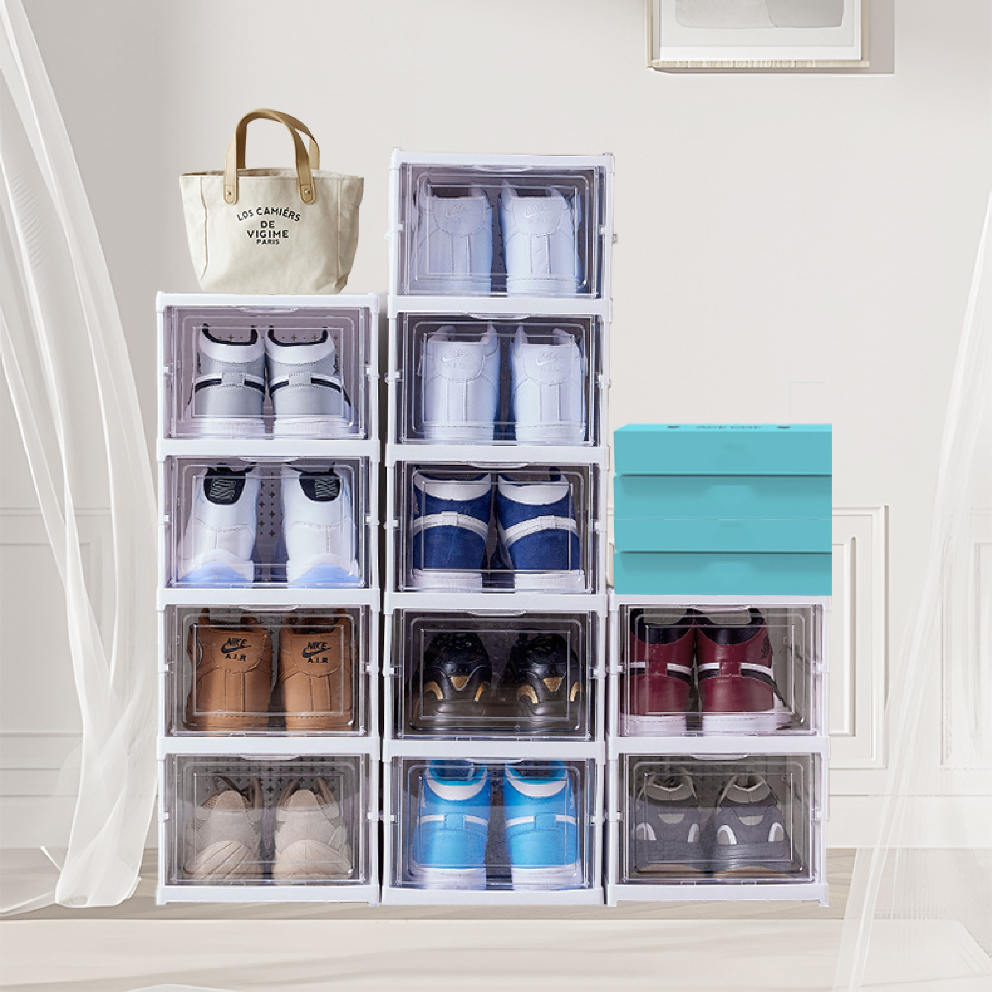 Double Transparent Clear Plastic Furniture Shoe Rack Cabinet Home Organizer Box Storage for Shoes Clothing Folding Display