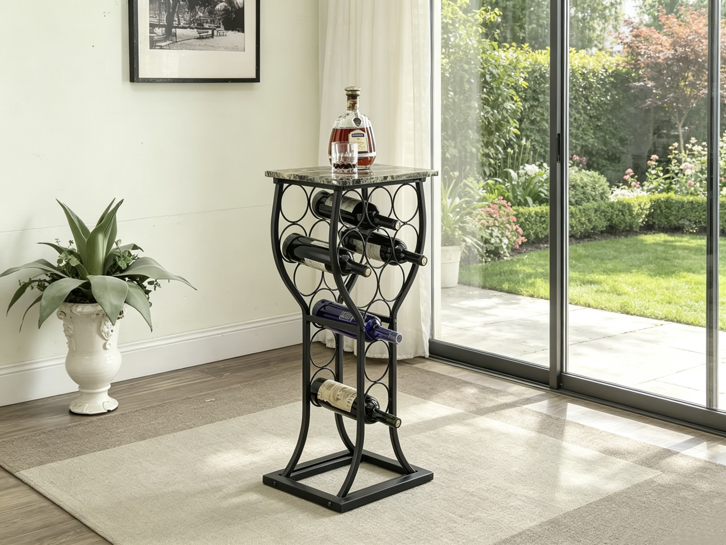 European Style 5-Layer Heavy Duty Metal Iron Wine Rack with 11-Bottle Stand and Marble Table Top for Home Living Room