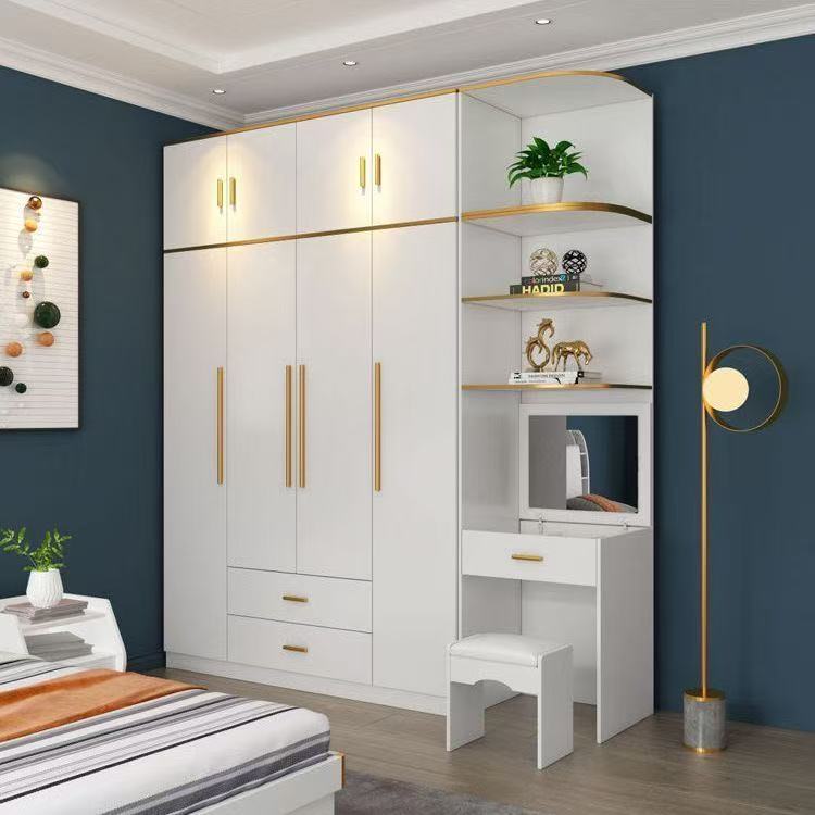 Minimalist White Wardrobe With Gold Hardware LED Lighting High-End Bedroom Closet With Open Shelf Integrated Dressing Table Set