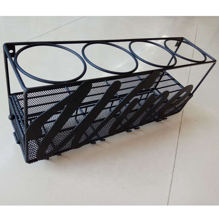 Guangdong OEM ODM Metal Black Wall Mounted Manufacture Wine Rack Wine Bottle Holder Basket With Glass Holder