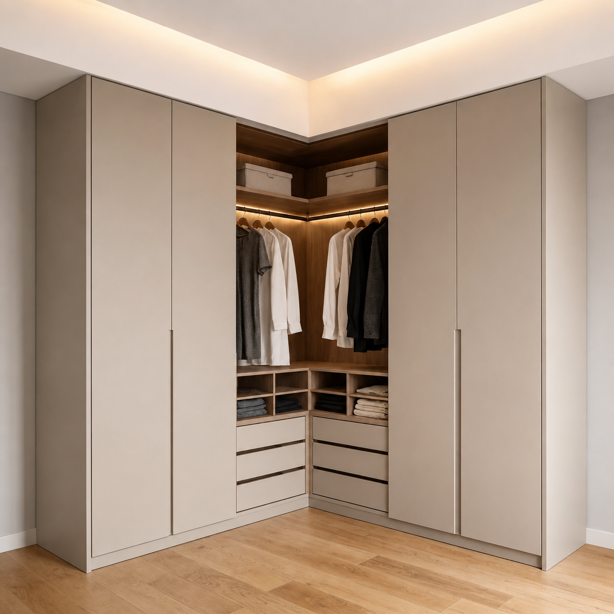 L-shaped Corner 4-Door Bedroom Furniture Wardrobe Direct Factory Price Ready To Ship Fitted Cabinet Organizer
