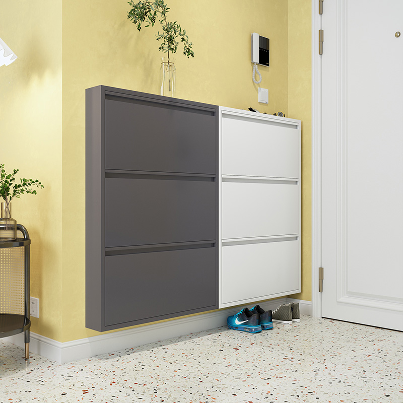 Metal Foldable Narrow Shoe Organizer Cabinet Modern Ultra Thin Hallway Entrance Cupboard Slim Storage Rack with Seat Flip Drawer