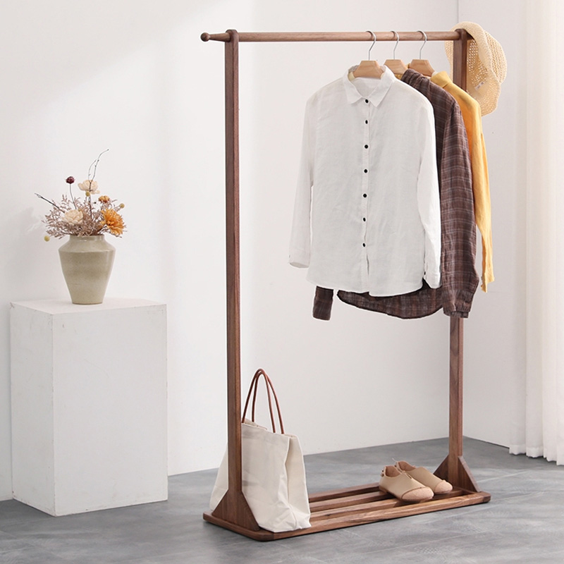 Single Rod and 2 Hooks Home Office Bedroom Heavy Duty Shoe Bench Storage Stand Wooden Coat Rack