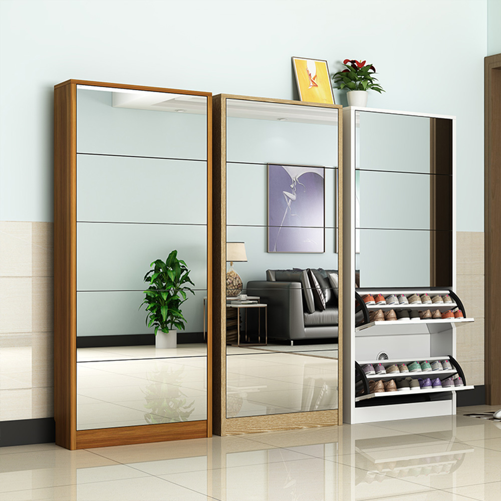 Modern Simple Wooden Folding Shoe Rack Cabinet Living Room Furniture Slim Shoe Racks With Mirror