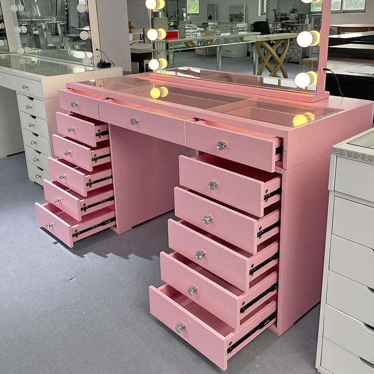 1pcs sell Luxury Dressing Table Bedroom Furniture Pink Makeup Vanity Set with Mirror and Drawers