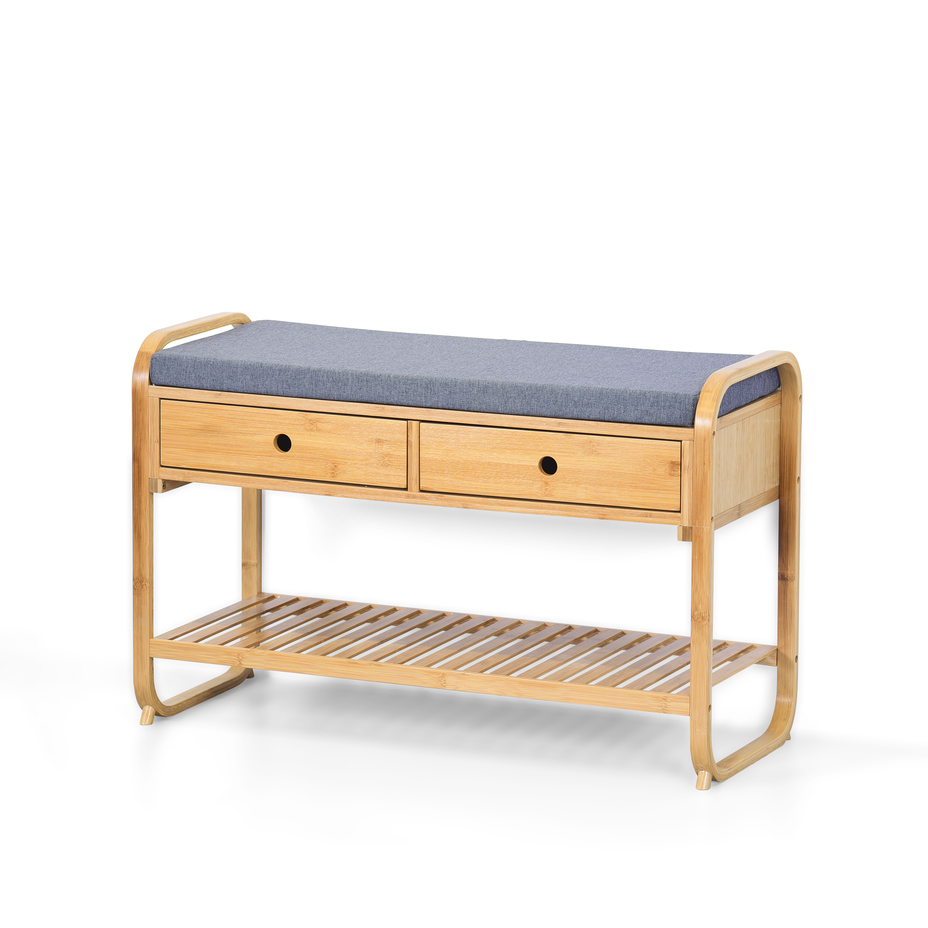 Multifunctional Modern Living Room Furniture Bamboo Shoe Rack Bench with Cushion Padded Seat and 2 Drawers