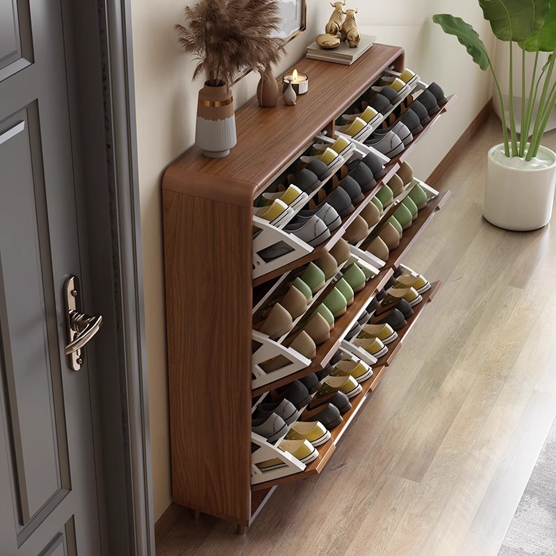 Home Living Room Ultra-Thin Flip Adjustable Shoe Cabinet Modern Simple Narrow Solid Wood Frame Wall-Mounted Storage Cabinet
