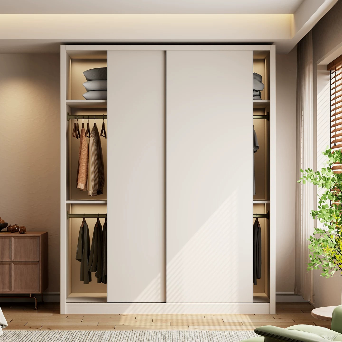 Modern Minimalist Solid Wood Wardrobe with Sliding Doors Eco-friendly for Bedroom &amp; Apartment Home Furniture