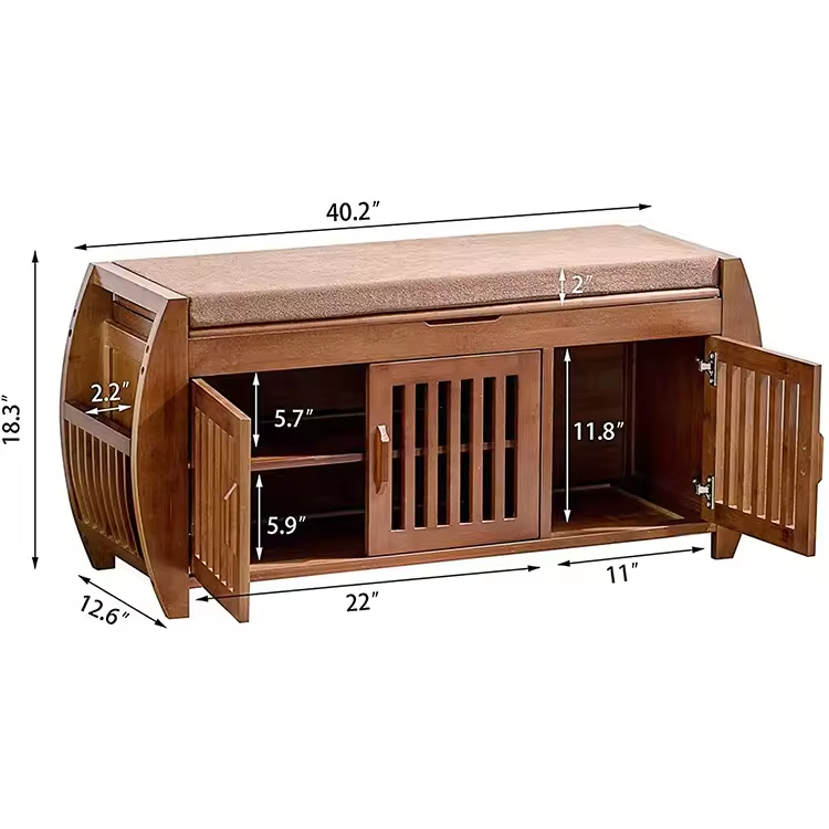Bamboo Bench Cabinet Storage Benches Detachable Cushion with Hidden Storage Compartment