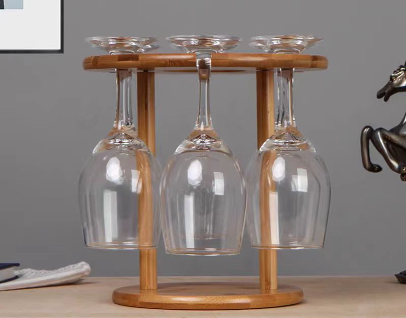 Rotating Bamboo Wine Rack with 6 Glass Holders - Spinning Display Stand for Wine Bottles &amp; Stemware, Natural Wood Bar Decor