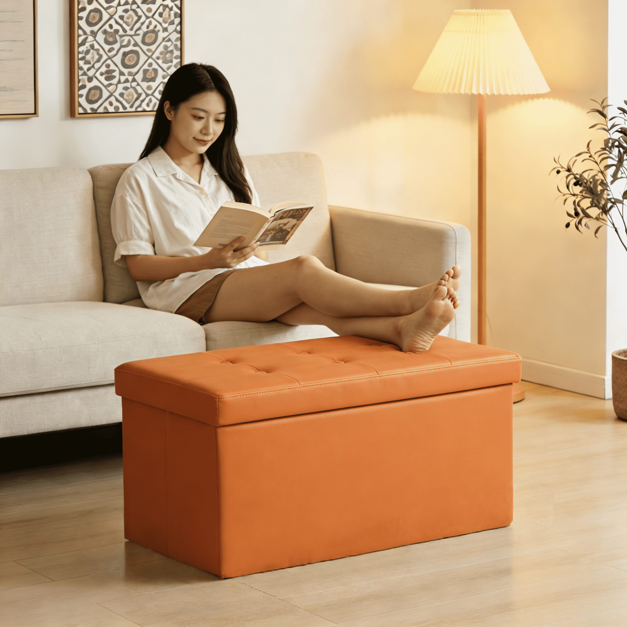 2024 Custom Brown Leather Ottoman Stool With Storage Wholesale Foldable Bench Sofa