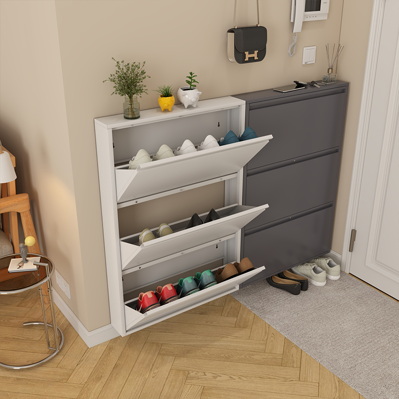 Metal Foldable Narrow Shoe Organizer Cabinet Modern Ultra Thin Hallway Entrance Cupboard Slim Storage Rack with Seat Flip Drawer