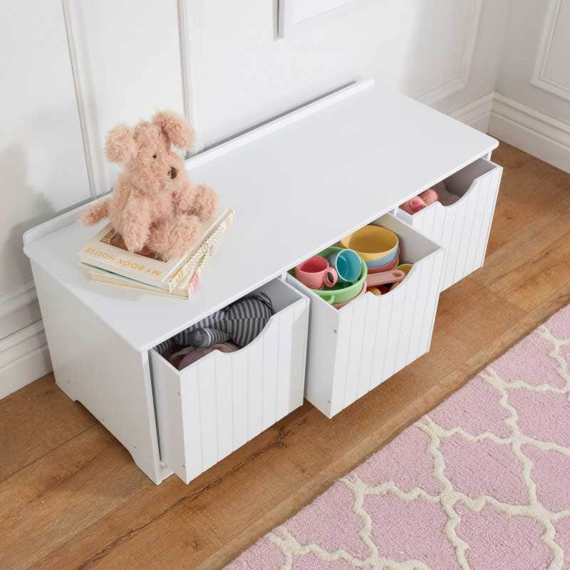 Classic White Contemporary MDF Storage Ottoman Bench Set Three Open Compartments Multi-Purpose Bedroom Living Room Babies Kids