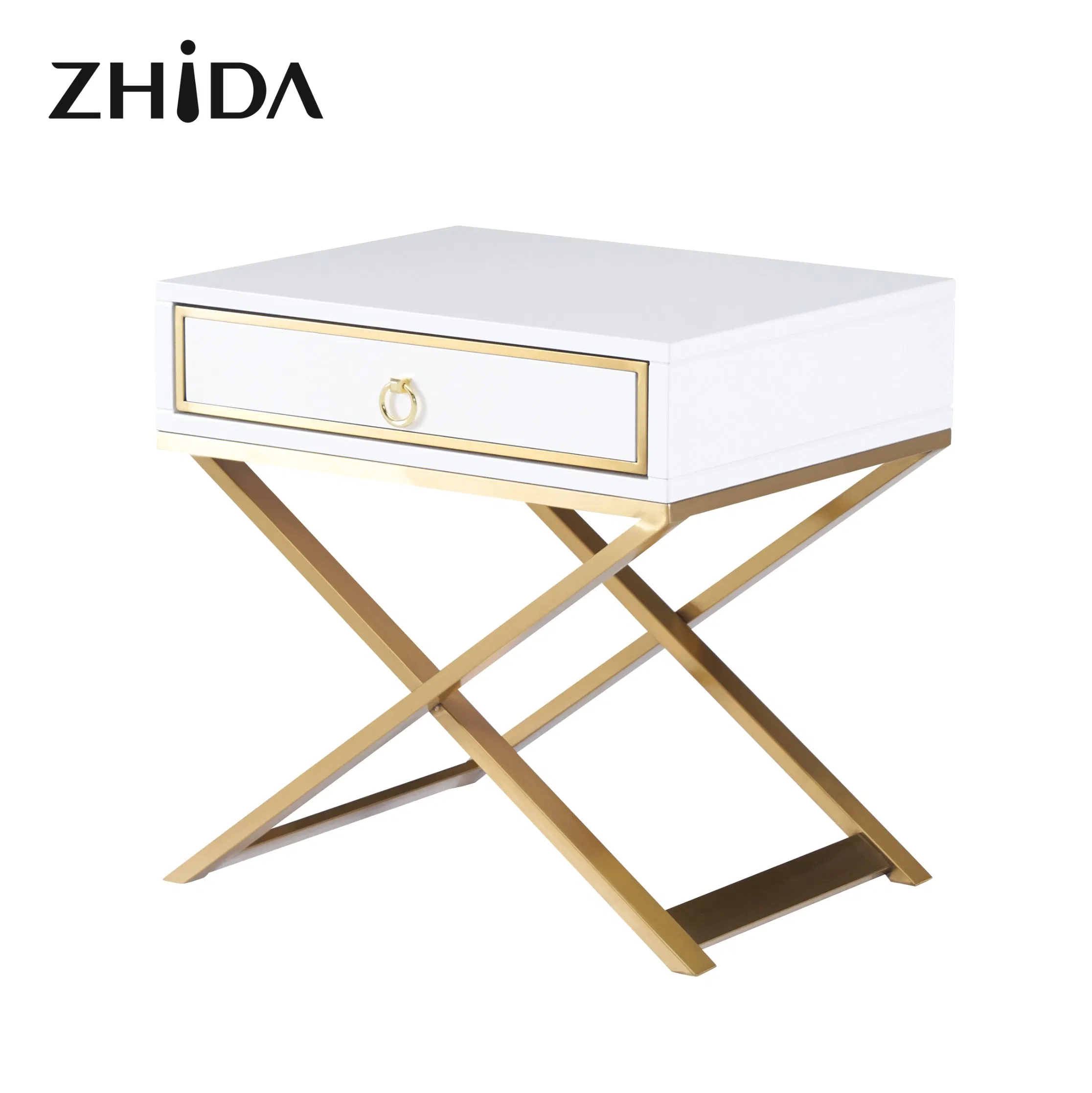 Zhida Luxury Design Bedroom Wooden Nightstand Square Marble Top Night Stand White Gold Metal Leg Bedside Table
