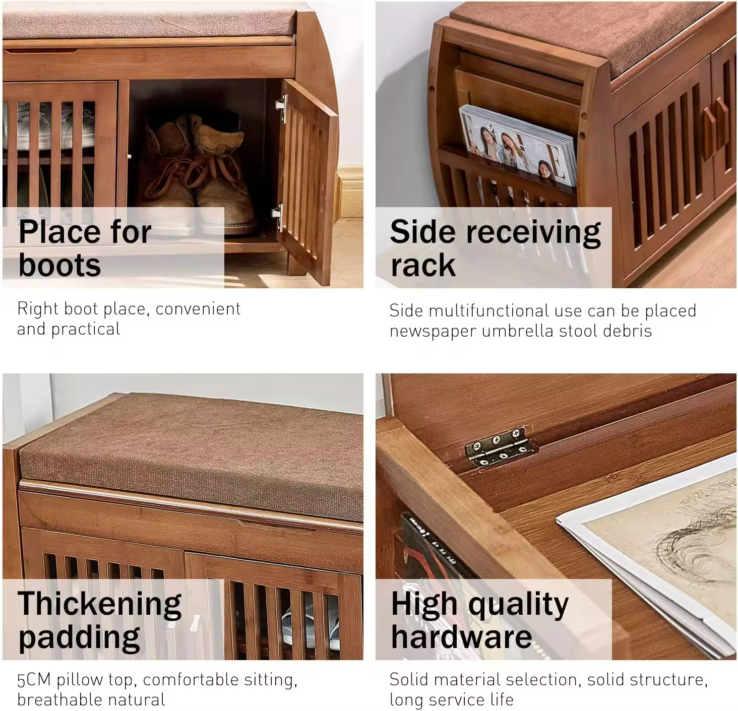 Bamboo Bench Cabinet Storage Benches Detachable Cushion with Hidden Storage Compartment