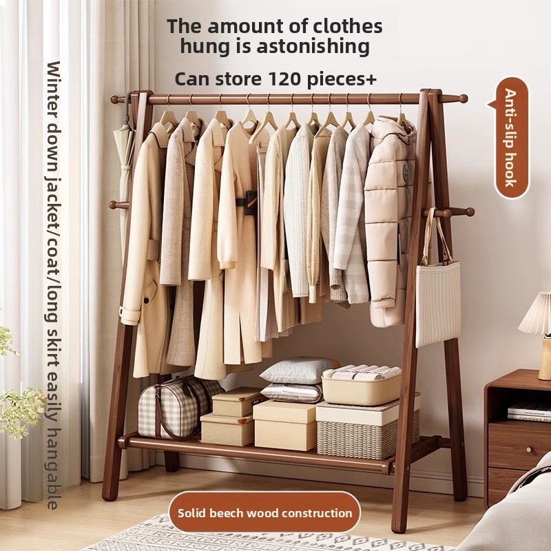 Solid Wood Floor-Standing Bedroom Coat Rack with Multifunctional Hanging Shelf Indoor Clothes Drying Rack-Minimalist Design