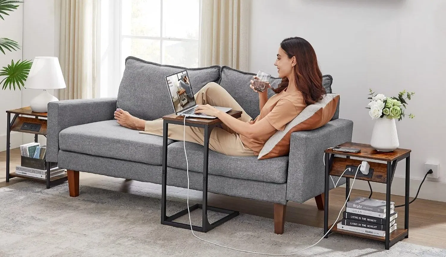 Small Nightstand Sofa Bedside Side End Table with Storage and Charging Station for Living Room