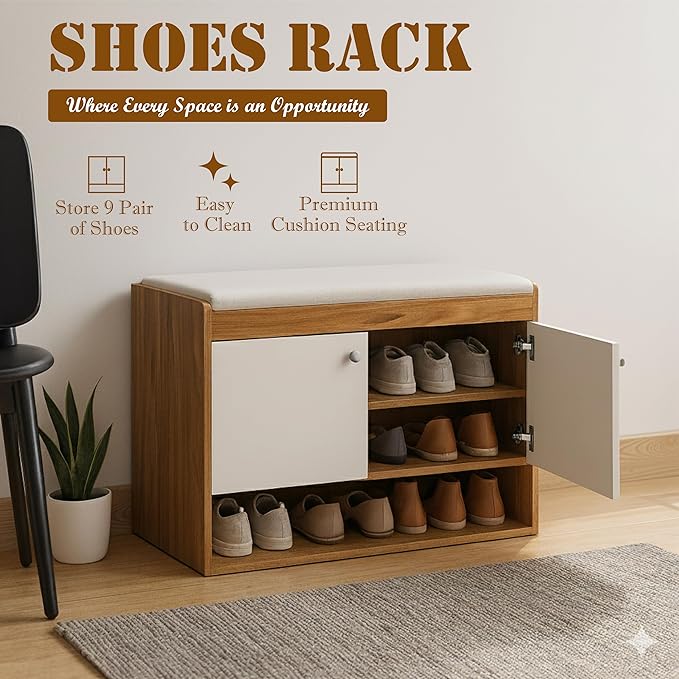 Shoe Rack Storage Bench, Holds 9 Pairs, 3-Tier Rack with Cushion Seat and Closed Cabinet (Brown, SR-17)